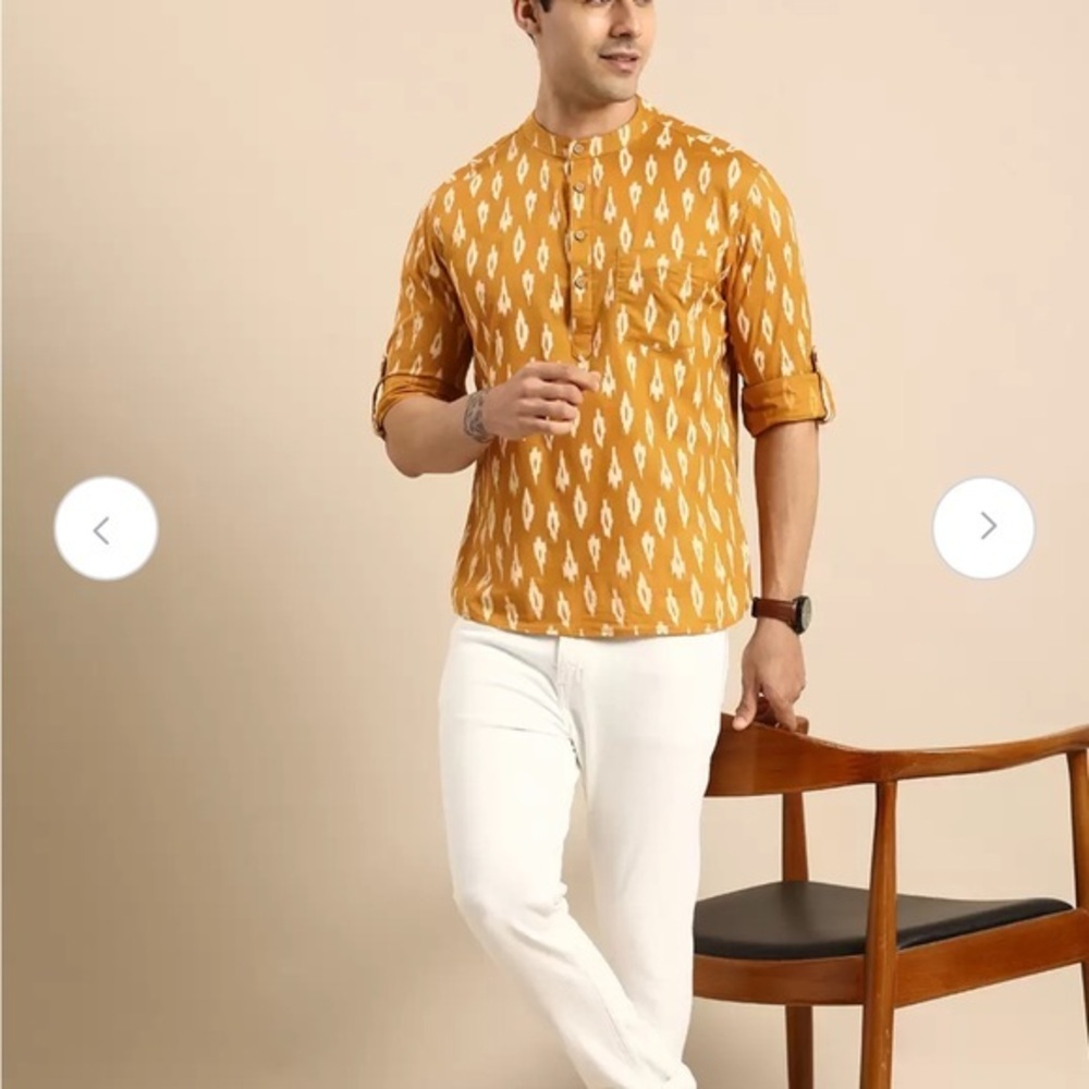 mens mustard/tan print roll up sleeves Kurta. Cotton.Men’s size medium-40
